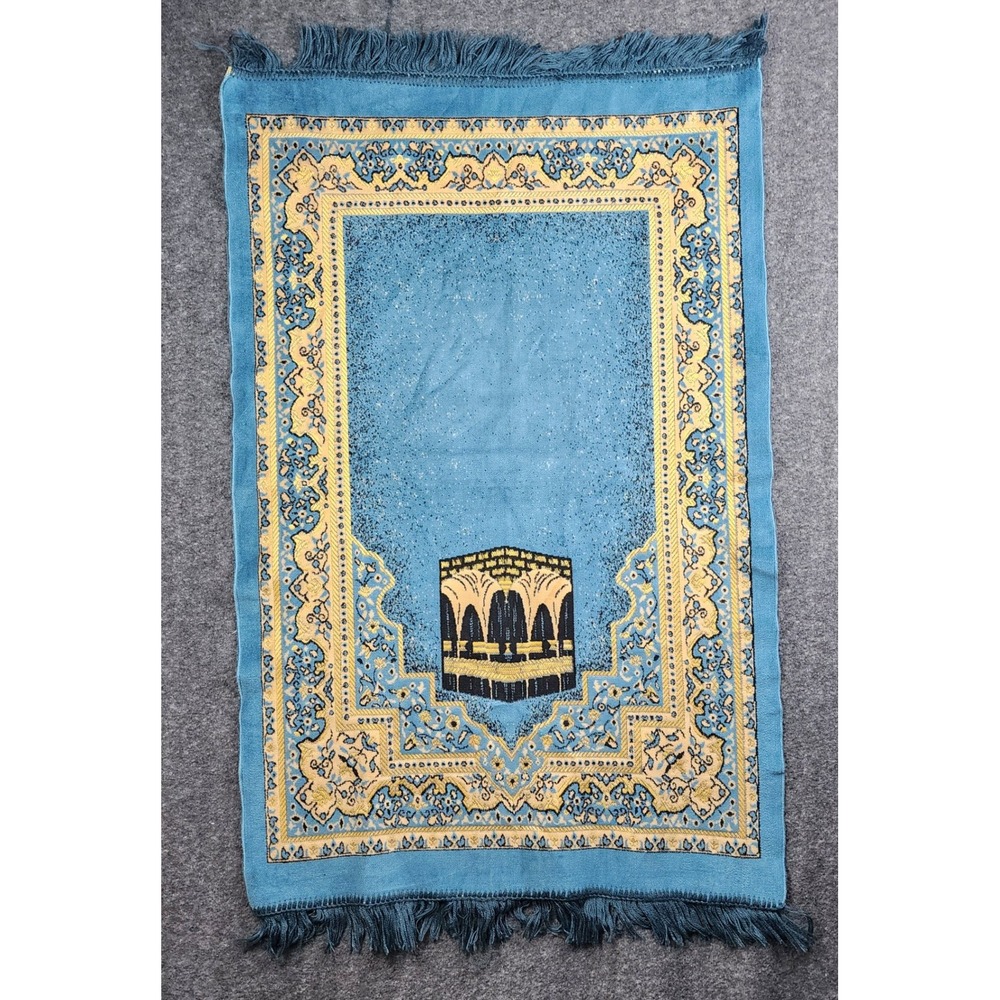 Riyadh Velvet Prayer Rug Musallah 41x27 Blue Gold Kaaba Motif Saudi Arabia
